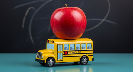 A vibrant red apple rests atop a classic yellow school bus toy against a dark chalkboard, symbolizing education and the journey of learning