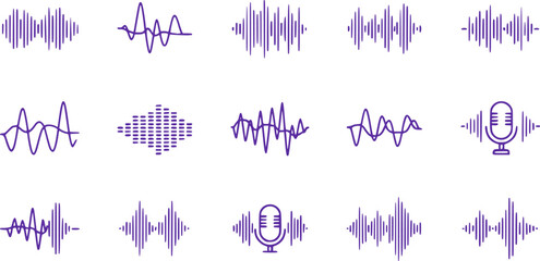Podcast sound waves. Audio waveforms line icons, sound wave frequency or voice microphone signals. Music, podcast and broadcast, UI and audio branding design. Isolated vector set