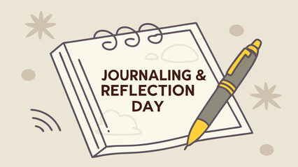 Calm Minimalist Illustration: Open Spiral Notebook, Pen,  Soft Neutral Colors,  Peaceful Reflective Mood, Journaling and Reflection Day Theme,  Perfect for Wellness, Self-Care, Mental Health Content.