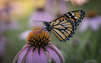 Stunning monarch butterfly with vivid orange wings and black veining rests on a soft purple flower in a sunny garden