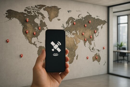 Exploring Global Connectivity: A Hand Holding a Smartphone with Satellite Signal Icon in Front of a World Map Indicating Geolocated Areas