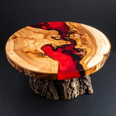 Round wooden table with red epoxy resin