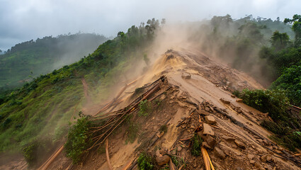 Mountain Landslide Disaster in Forested Terrain – Nature’s Raw Power Unleashed