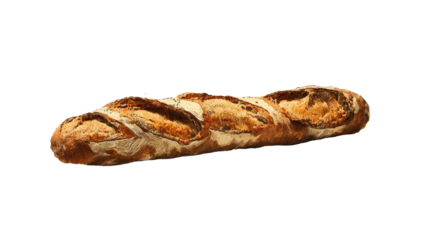 A long, artisanal loaf of bread, light golden-brown in color with darker streaks and a slightly rough texture.  Visible are three prominent, slightly uneven, parallel slashes along its length