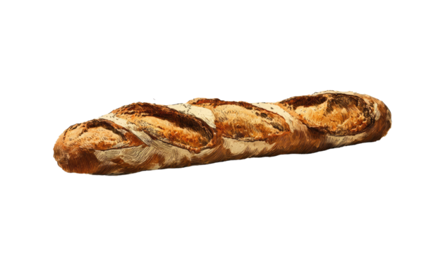 A long, artisanal loaf of bread, light golden-brown in color with darker streaks and a slightly rough texture.  Visible are three prominent, slightly uneven, parallel slashes along its length
