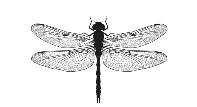 Detailed silhouette of dragonfly with intricate wing pattern on white background