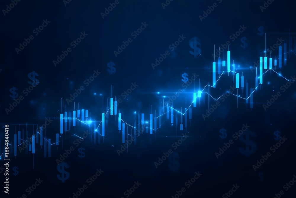 Poster business background with a blue glowing bar graph and an arrow pointing up, representing a business 