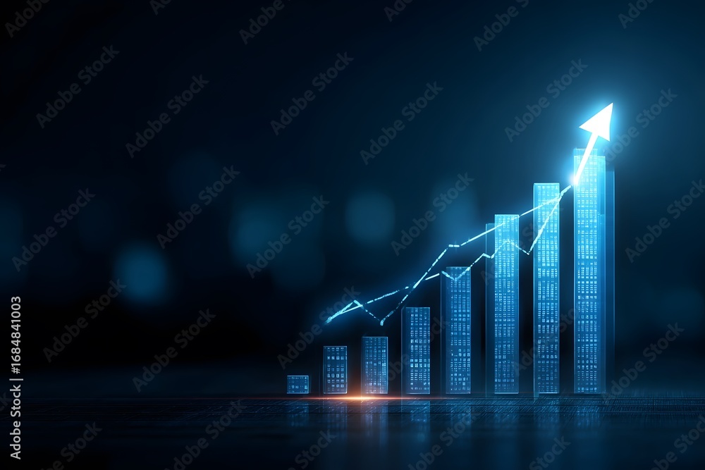 Poster business background with a blue glowing bar graph and an arrow pointing up, representing a business 