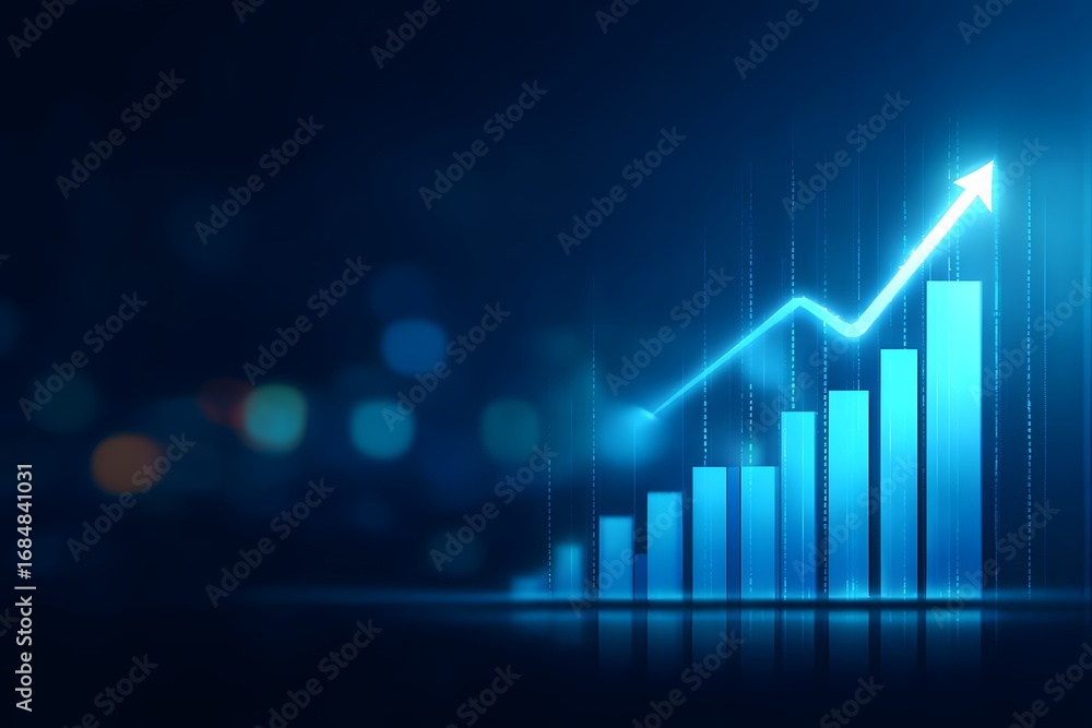 Poster business background with a blue glowing bar graph and an arrow pointing up, representing a business 