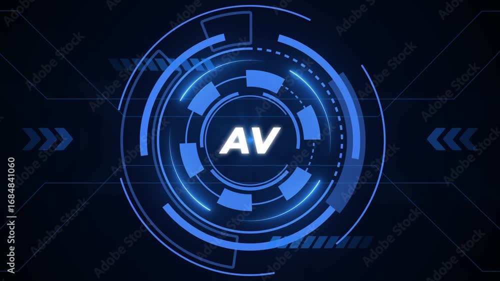 Poster futuristic blue digital hud interface with av text and concentric circles on dark background audio v