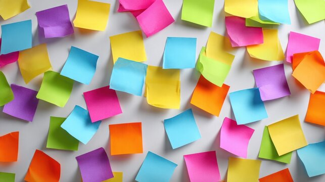 Colorful, scattered sticky notes are scattered across a white surface, overhead shot