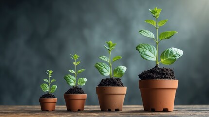 Fototapeta premium Four Potted Plants at Different Stages of Growth