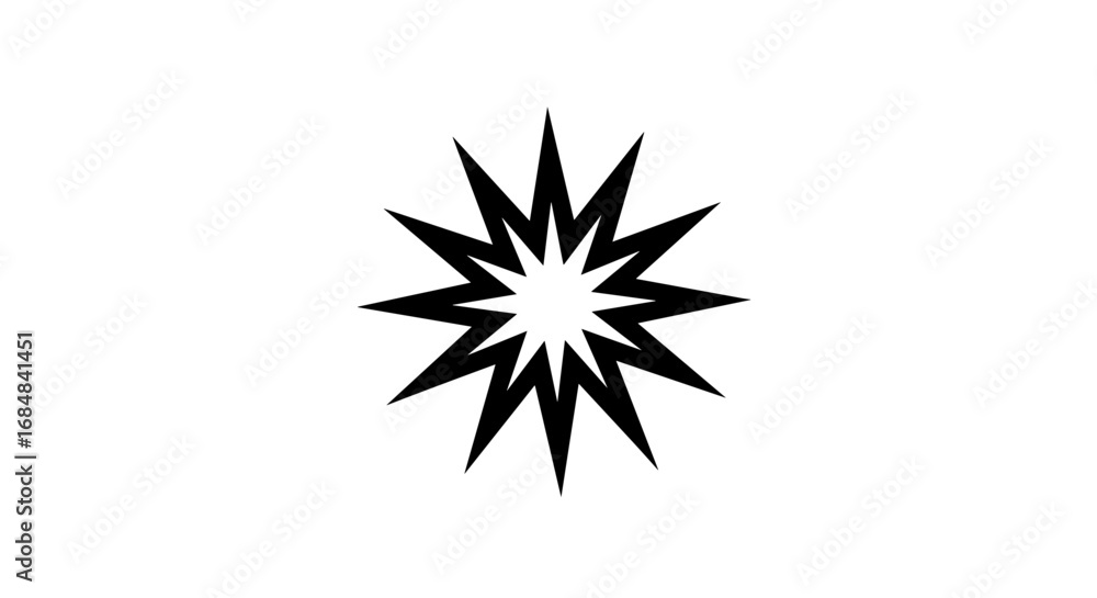 Poster black starburst icon on white background with sharp edges and symmetrical design