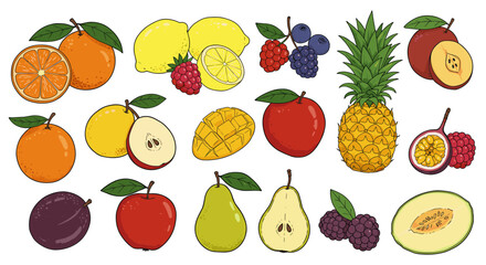 Vibrant assorted fruits with tropical and citrus flavors in colorful cartoon style