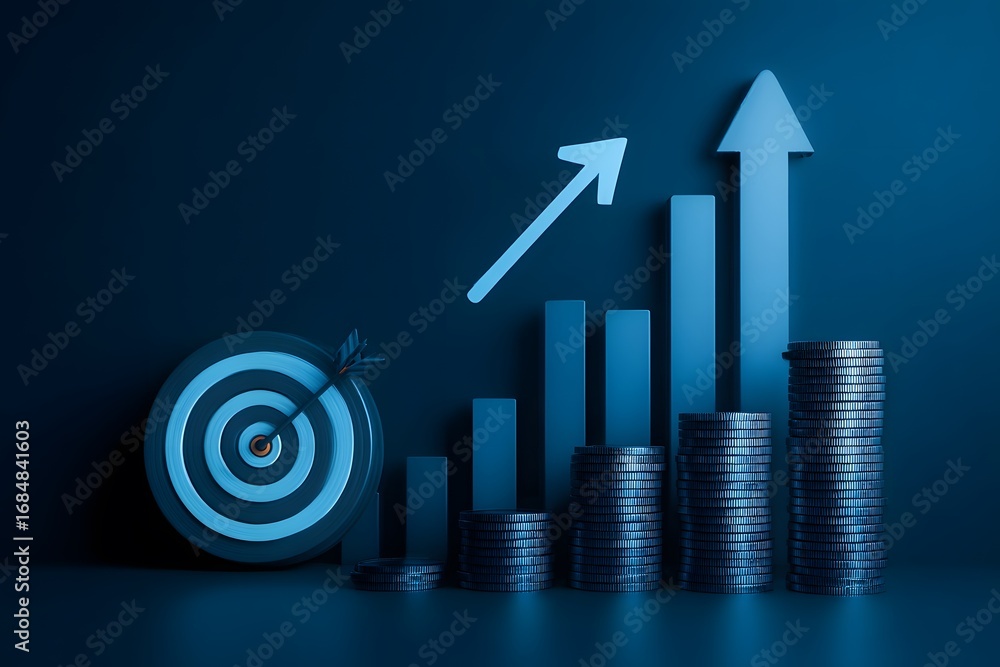 Poster digital blue background with a bar graph and an arrow pointing up, stacks of coins on the right side