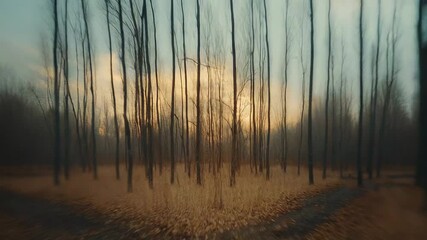 Surreal forest landscape with warm sunset light filtering through trees - Powered by Adobe