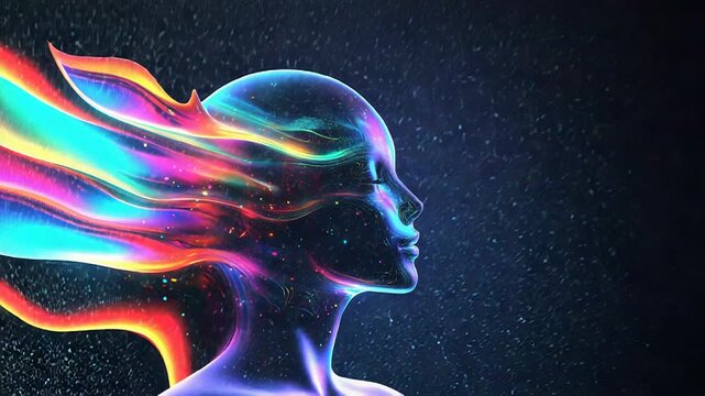 Woman face emerging from flowing colorful particles and light trails