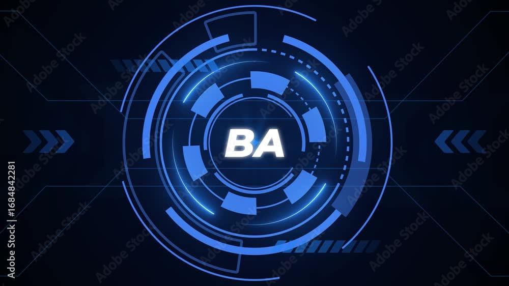 Poster abstract ba business technology interface with blue neon circles and digital data streams business a