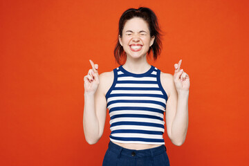Young woman she wear blue striped tank top casual clothes waiting for special moment, keeping...