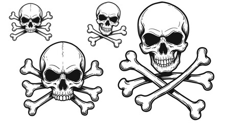 Vintage skull and crossbones in black and white ink line art design