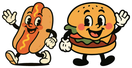 Naklejka premium PNG Retro cartoon burger hotdog characters, element set on transparent background