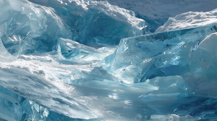 Subglacial rivers of glowing liquid flow beneath geometric ice, casting surreal refractive light patterns.