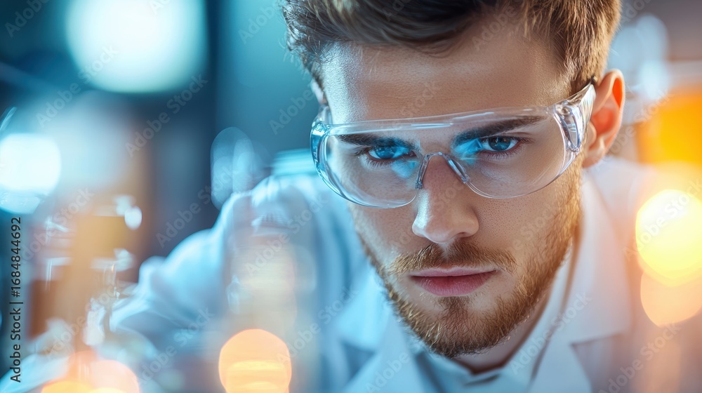 Poster physics researcher adjusting equipment for an experiment on quantum mechanics in a lab setting.