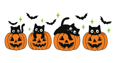 Four black cats sitting on carved orange pumpkins with bats and green stars halloween