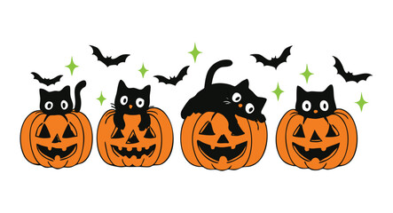 Four black cats sitting on carved orange pumpkins with bats and green stars Halloween 1