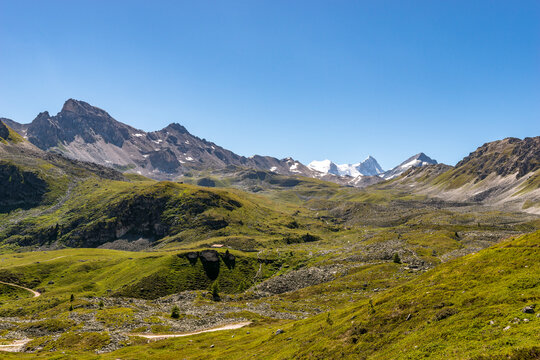 Alpine landscape in Valais Switzerland on hiking trail from St-Luc to Zinal