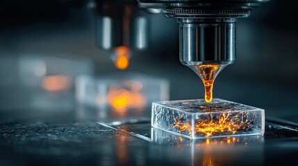 Precision manufacturing process with glowing liquid material being dispensed onto transparent substrate in advanced industrial setting