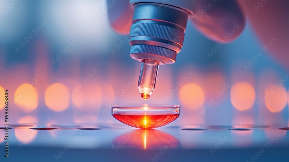Poster analyzing scientist carefully analyzing a blood sample under a microscope in a laboratory setting.