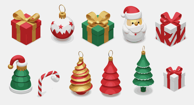 Festive christmas holiday icons featuring gifts, ornaments, and santa in 3d design