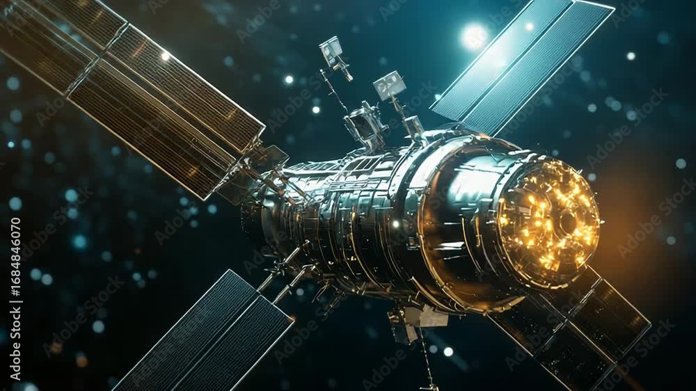 Poster space station floating in deep space with solar panels deployed and glowing core