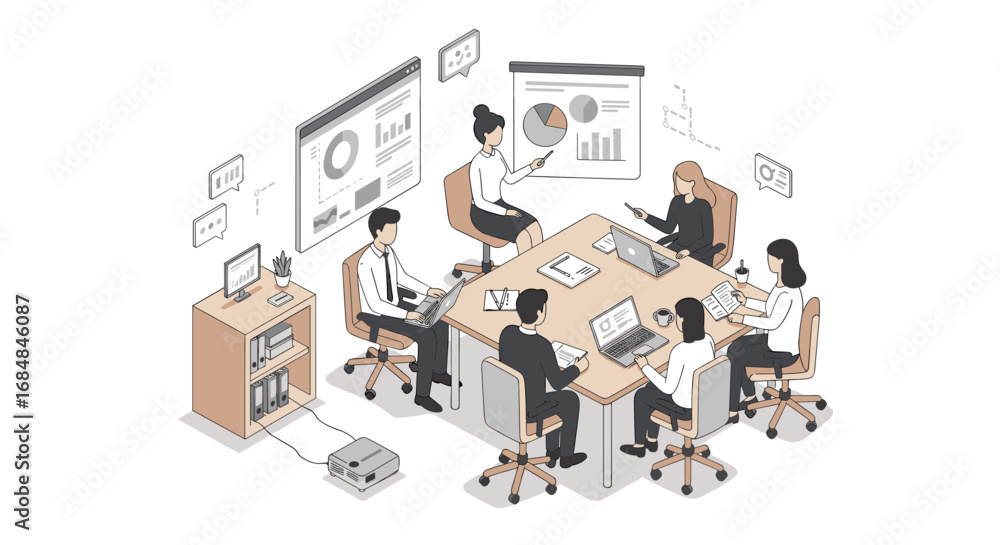 Poster business team analyzing data in a modern office setting with charts and laptops
