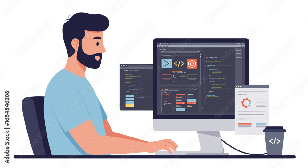 Poster developer at work in modern office with multiple screens
