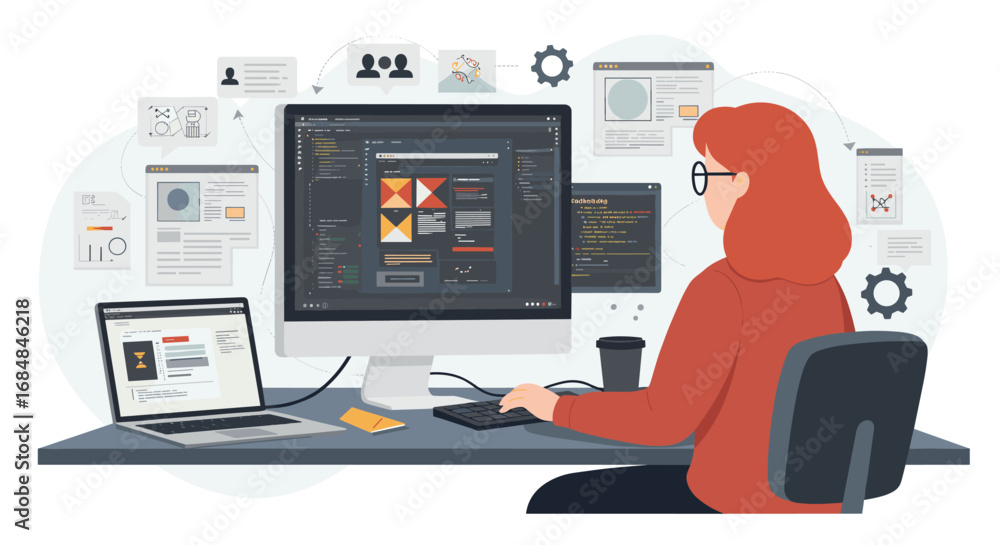 Poster developer at desk working on code and design projects in modern workspace