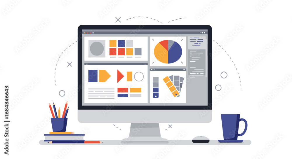 Poster modern graphic design workspace with colorful charts on computer screen