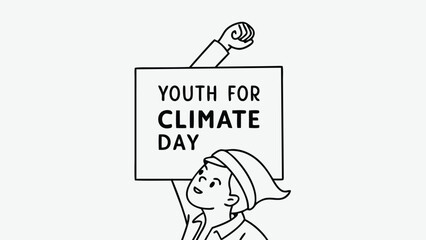 Youth Climate Activist Holding Sign: Line Art Illustration, Hopeful and Determined Mood,  Black and White Minimalist Style,  Perfect for Environmental Campaigns and Social Media.