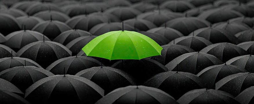 Green Umbrella in Black Crowd