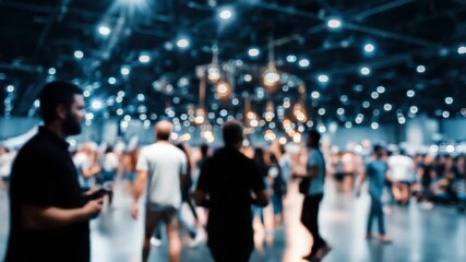 Futuristic corporate flow with blurred silhouettes of professionals walking in dynamic business expo halls.