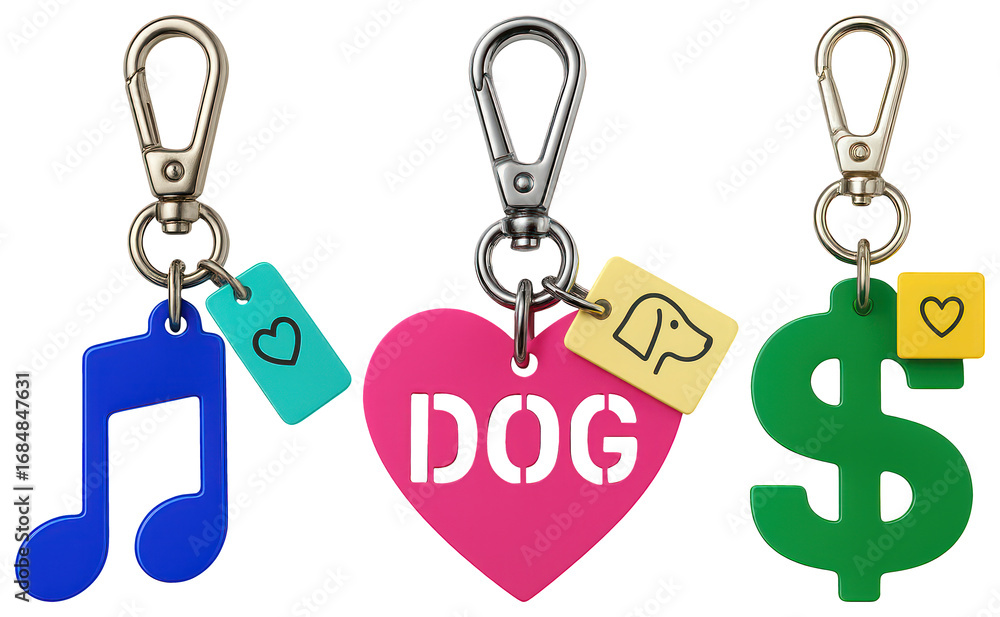 Poster png colorful keychains with playful designs, element set on transparent background