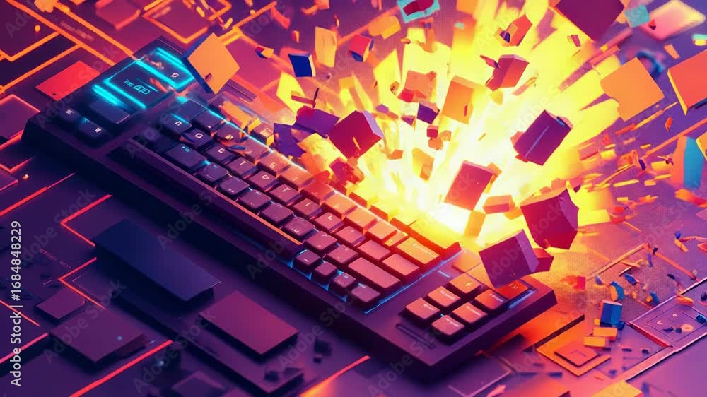 Poster keyboard exploding with orange and purple lights in the background