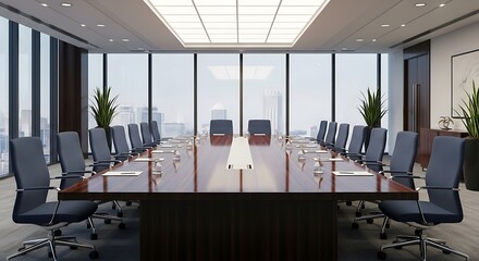 Modern Conference Room with Large Windows and Elegant Furniture Arrangement