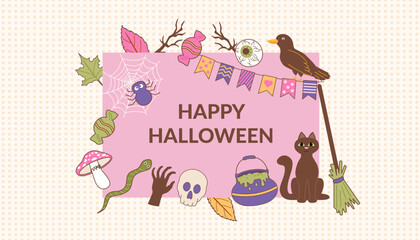 Halloween cute banner with Halloween elements. Halloween conceptual background in a flat style.