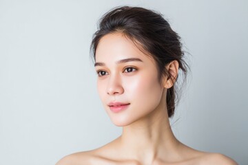 Obraz premium Close-up portrait of a woman with flawless skin, showcasing a serene and healthy complexion against a neutral backdrop.