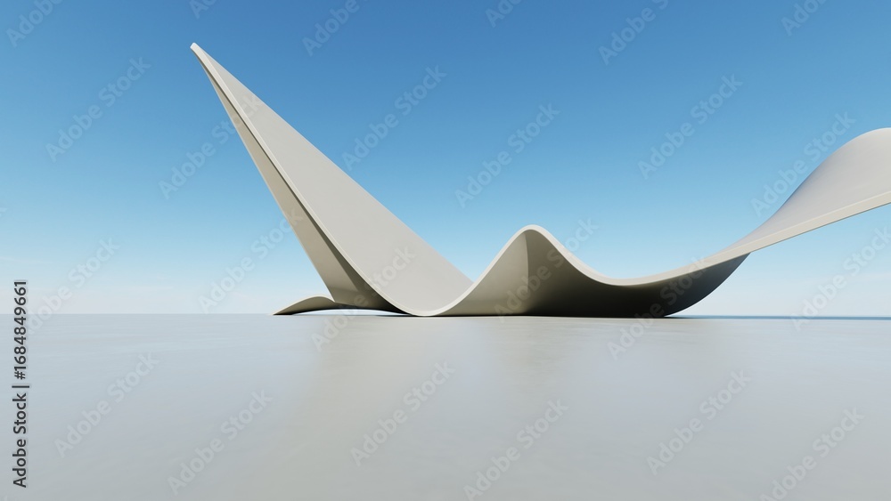 Poster abstract wavy curved architecture background, empty space with concrete floor, futuristic modern ext