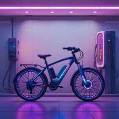Electric bicycle charging in a futuristic, neon-lit garage.