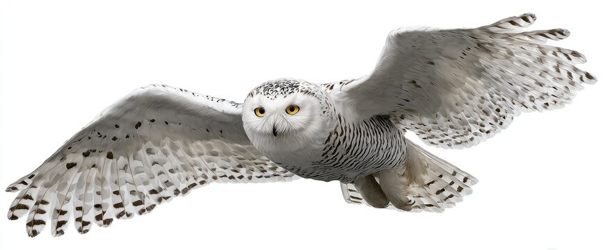 Snowy owl in flight against white background