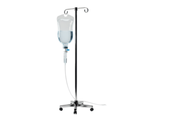 Isolated IV drip with infusion bag hanging on a stainless steel medical stand in hospital